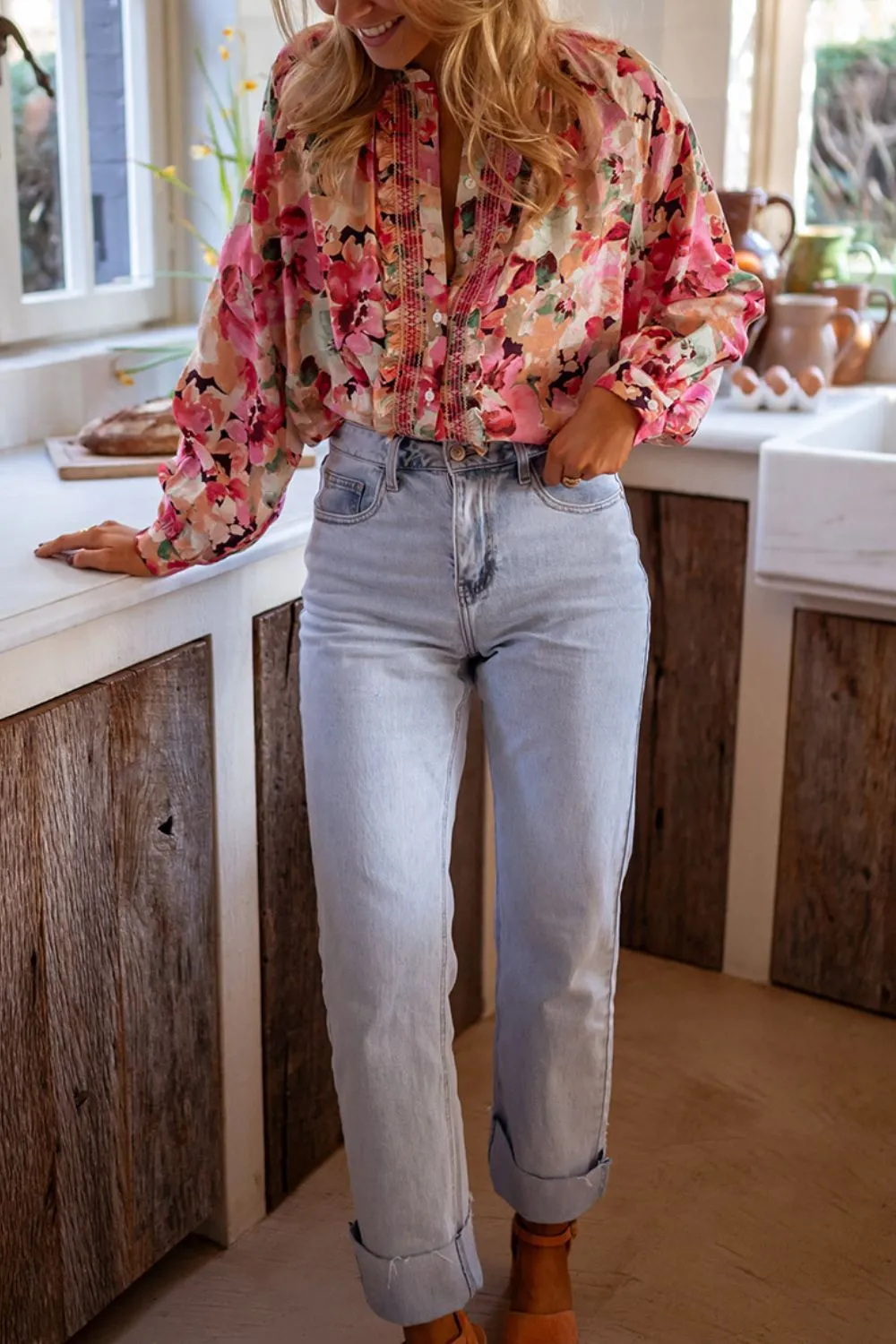 Frill Floral Button Down Long Sleeve Shirt, image 7
