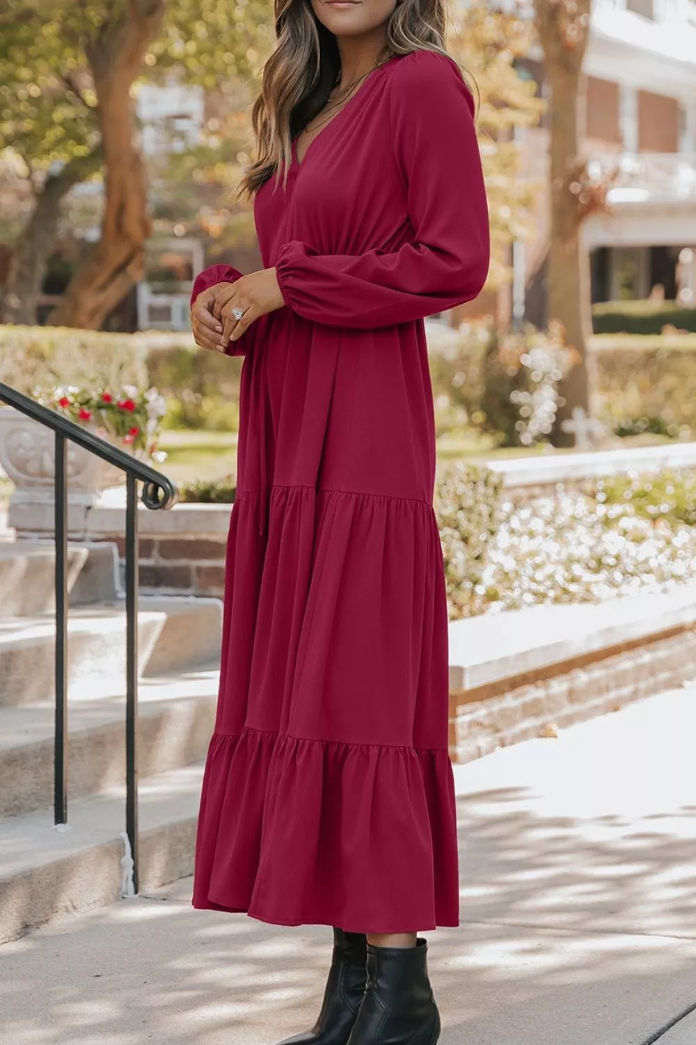 Long Sleeve Button V Neck Tiered Dress, image 3