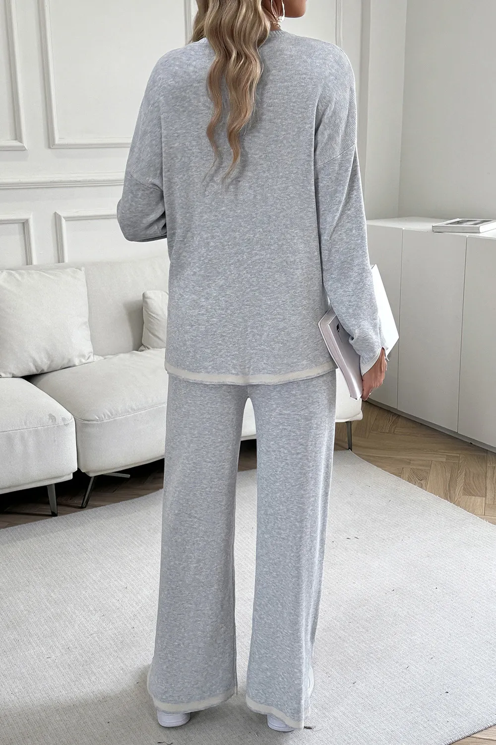 Contrast Trim Round Neck Top and Pants Set, image 12