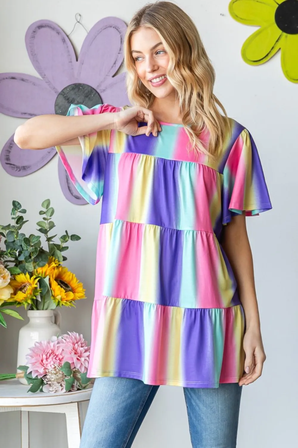 Full Size Short Sleeve Striped Tiered Top, image 4