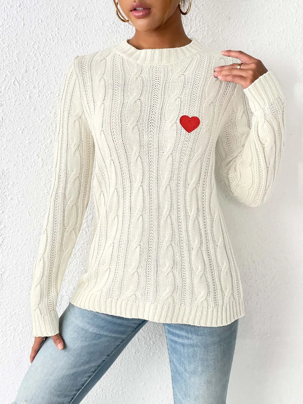 Cable-Knit Heart Round Neck Long Sleeve Sweater, image 9