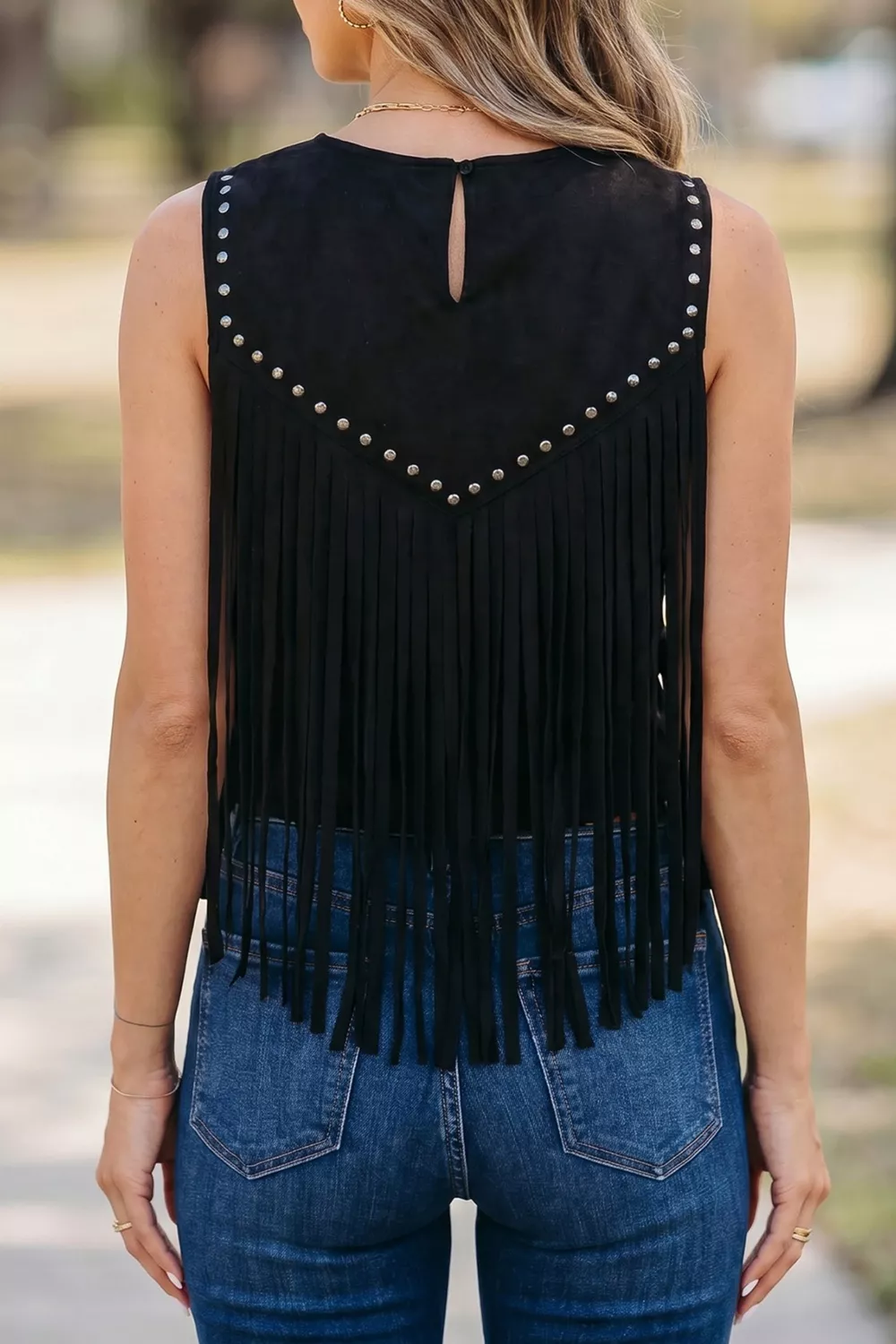 Western Fringe Rivet Paneling Bust Sleeveless Top, image 2