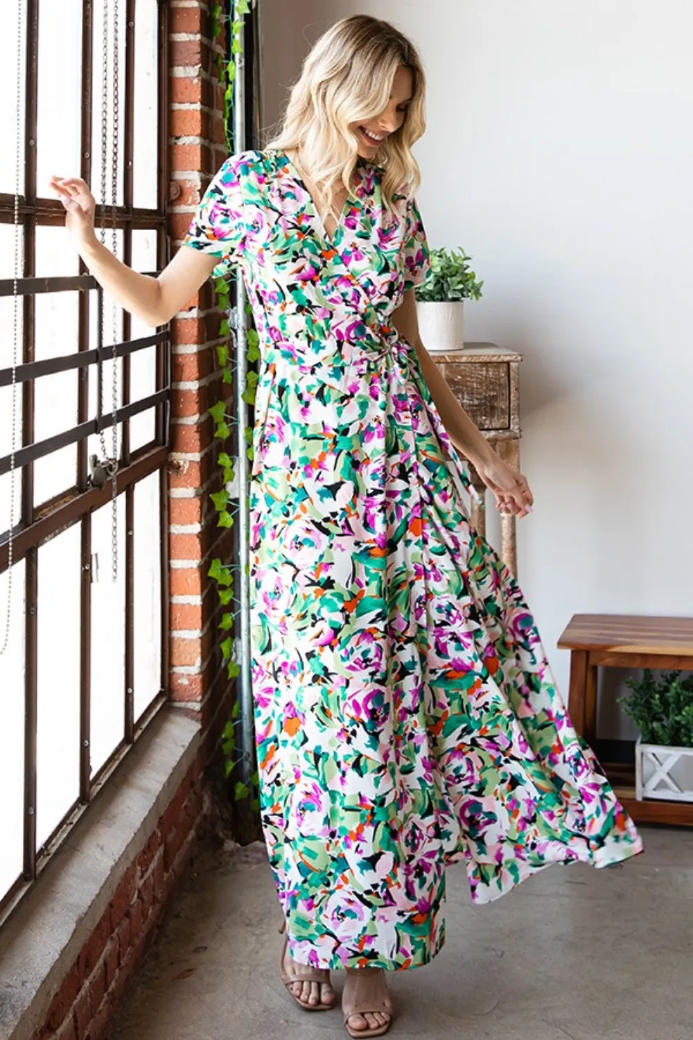 Slit Printed Surplice Tie Waist Short Sleeve Dress, image 4