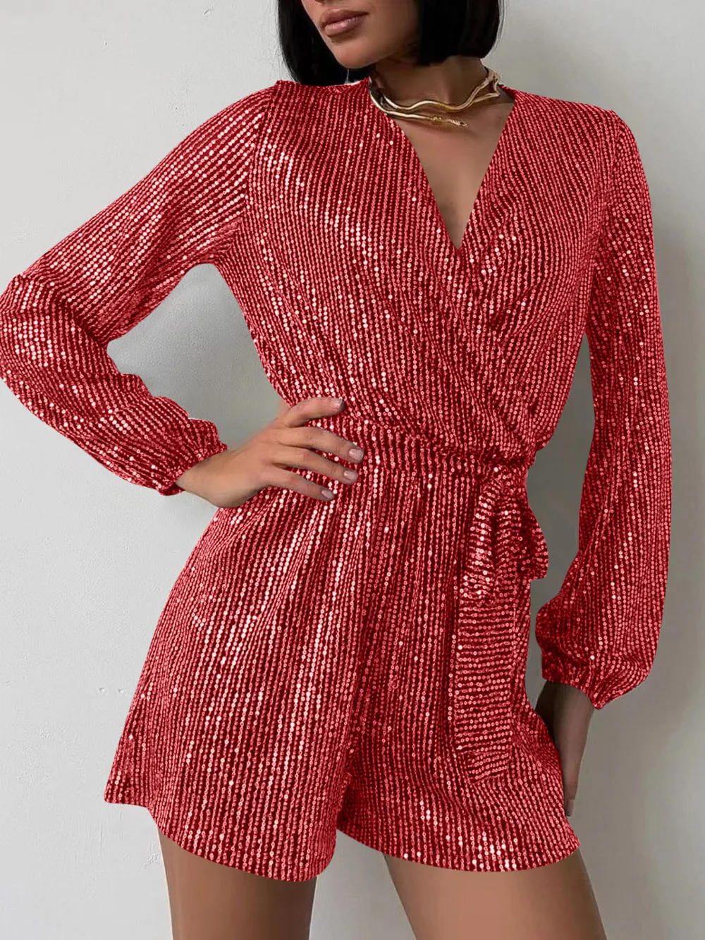 Full Size Sequin Surplice Tie Waist Long Sleeve Romper, image 17