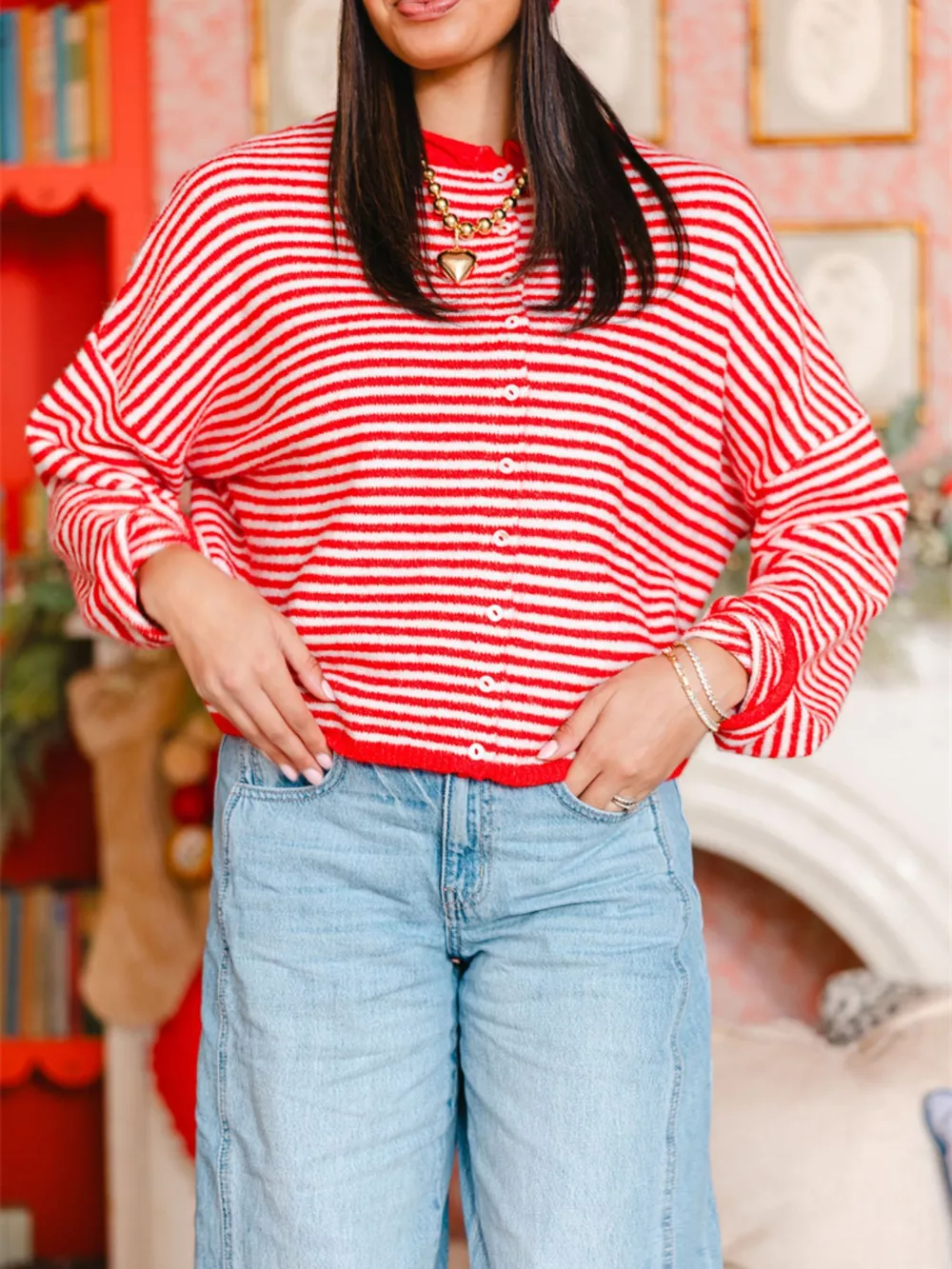 Striped Button-Down Knit Cardigan, image 7