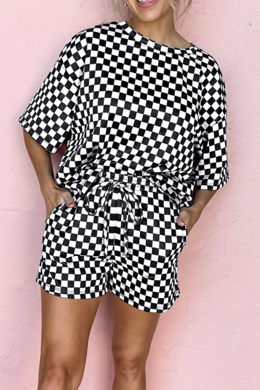 Checkered Round Neck Top and Shorts Set, image 8