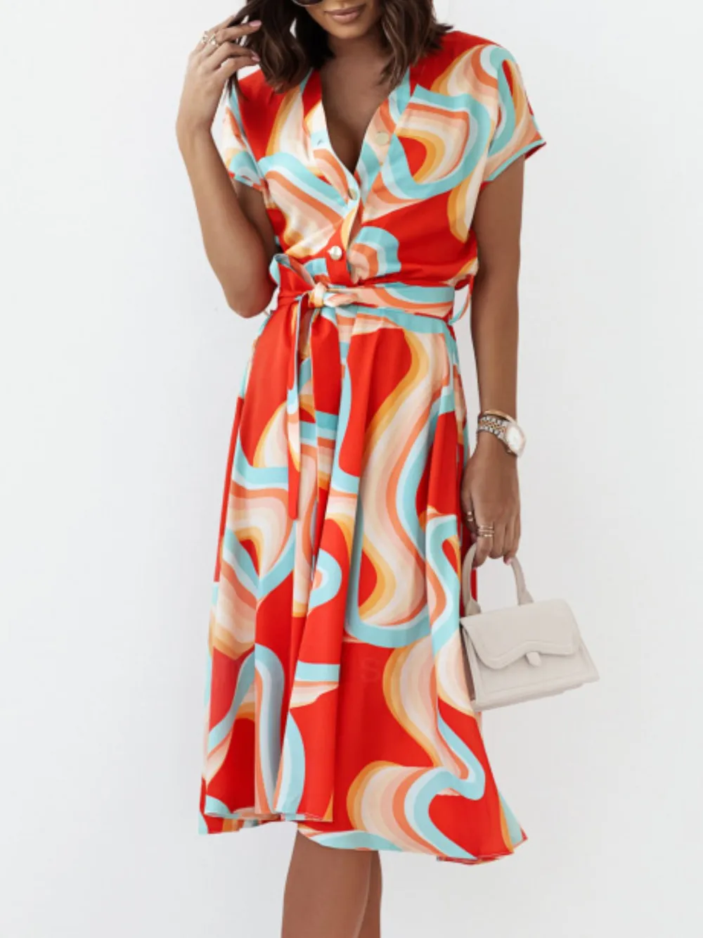 Printed Button Front Midi Dress with Belt, image 7