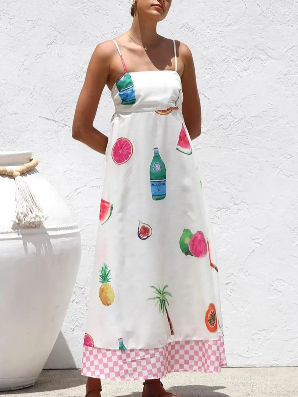 Printed Checkered Hem Cami Midi Dress, image 5