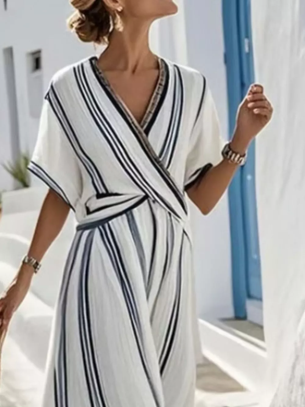 Full Size Striped Surplice Half Sleeve Midi Dress Plus Size, image 3