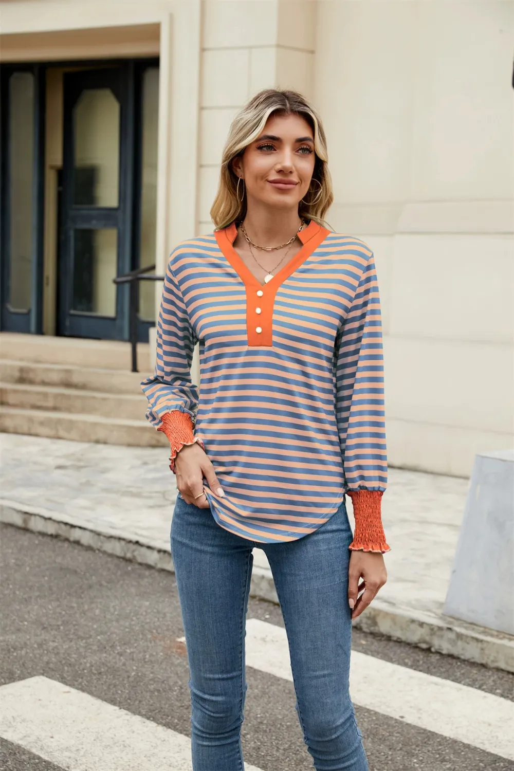 Contrast Striped Notched Long Sleeve Top, image 5