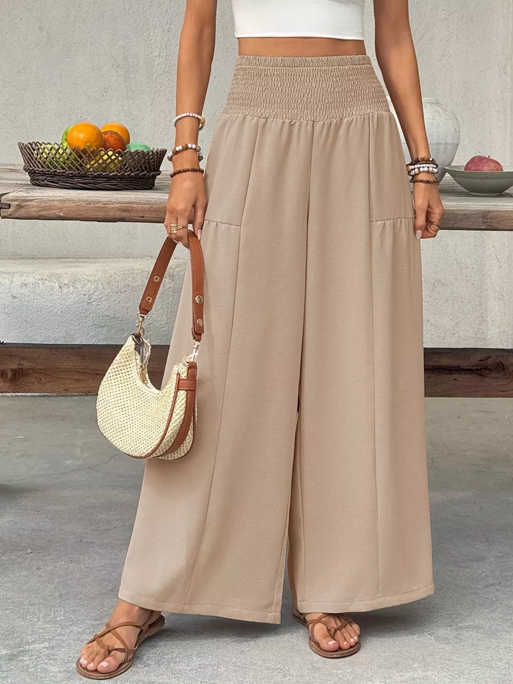 Smocked Waist Wide Leg Pants, image 3