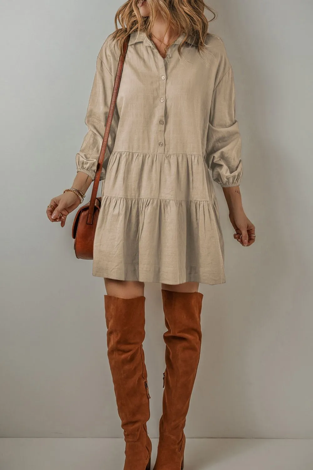 Tiered Collared Neck Balloon Sleeve Shirt Dress, image 19
