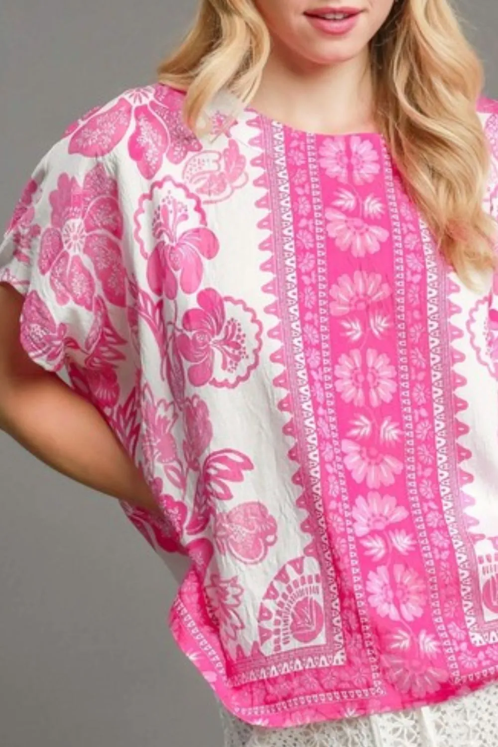 Full Size Floral Border Print Oversized Top Plus Size, image 2