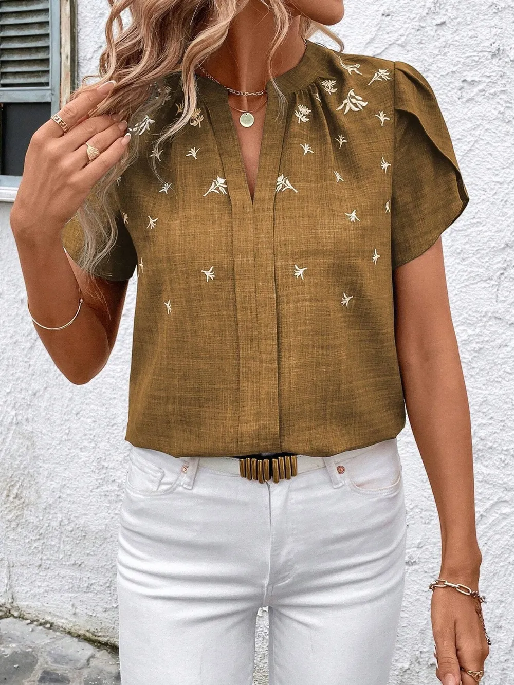 Floral Notched Short Sleeve Blouse, image 17