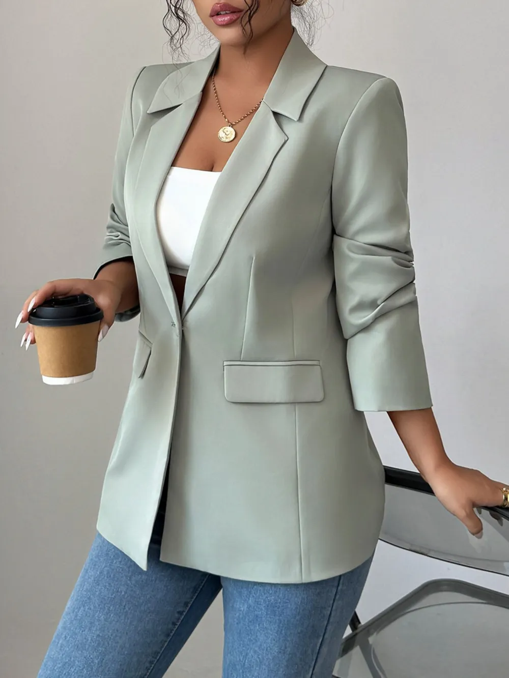 One Button Lapel Collar Blazer, image 8
