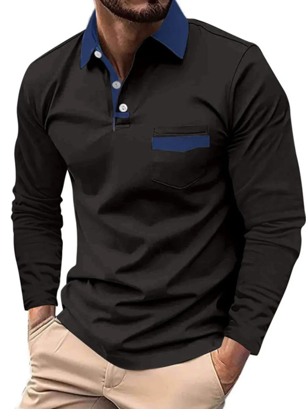 Men's Full Size Button Detail Long Sleeve Polo Plus Size