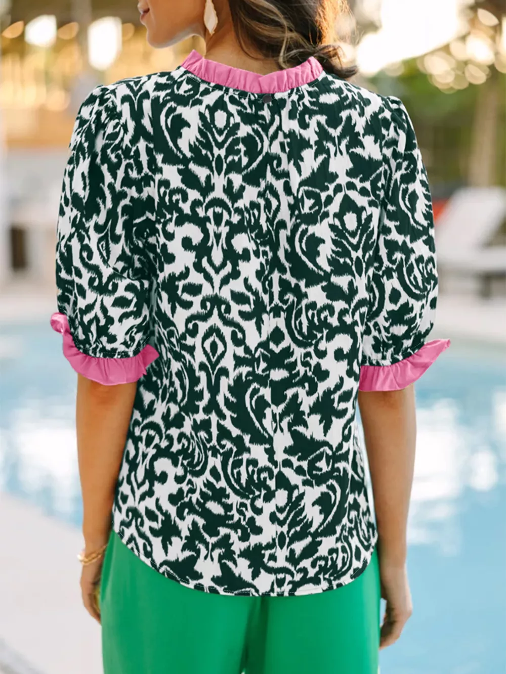 Damask Print Ruffled Color Block Detail Half Sleeve Blouse, image 2