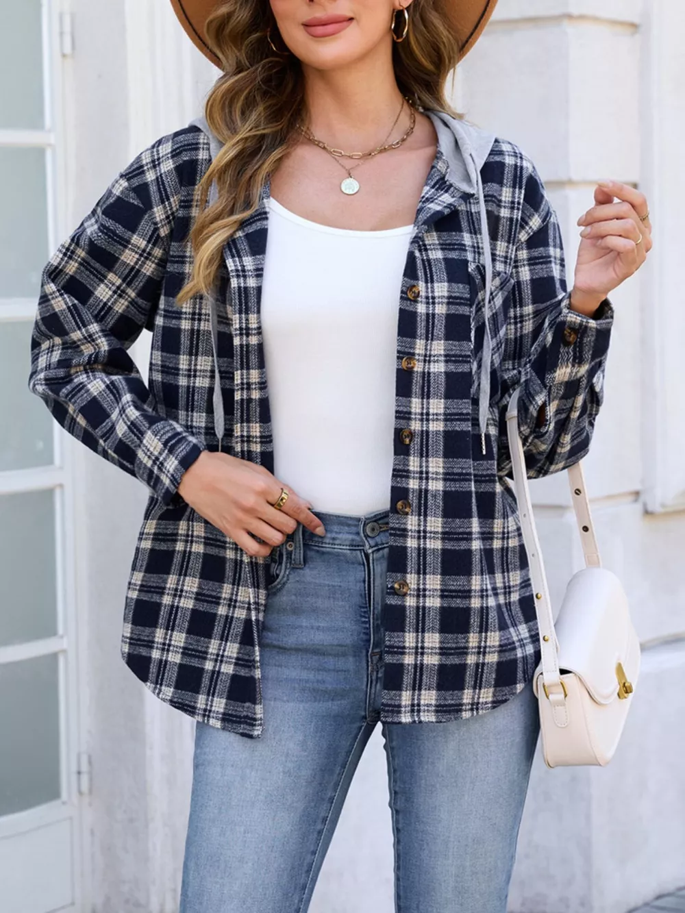 Hooded Plaid Button-Up Shacket, image 4