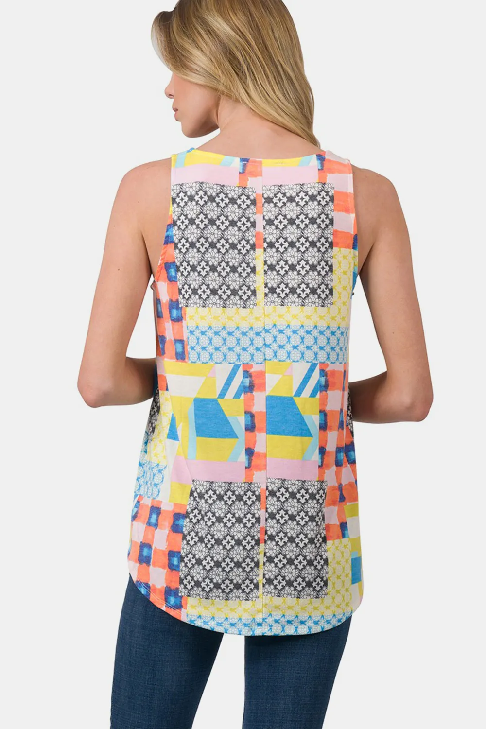 Printed Round Neck Curved Hem Tank, image 2