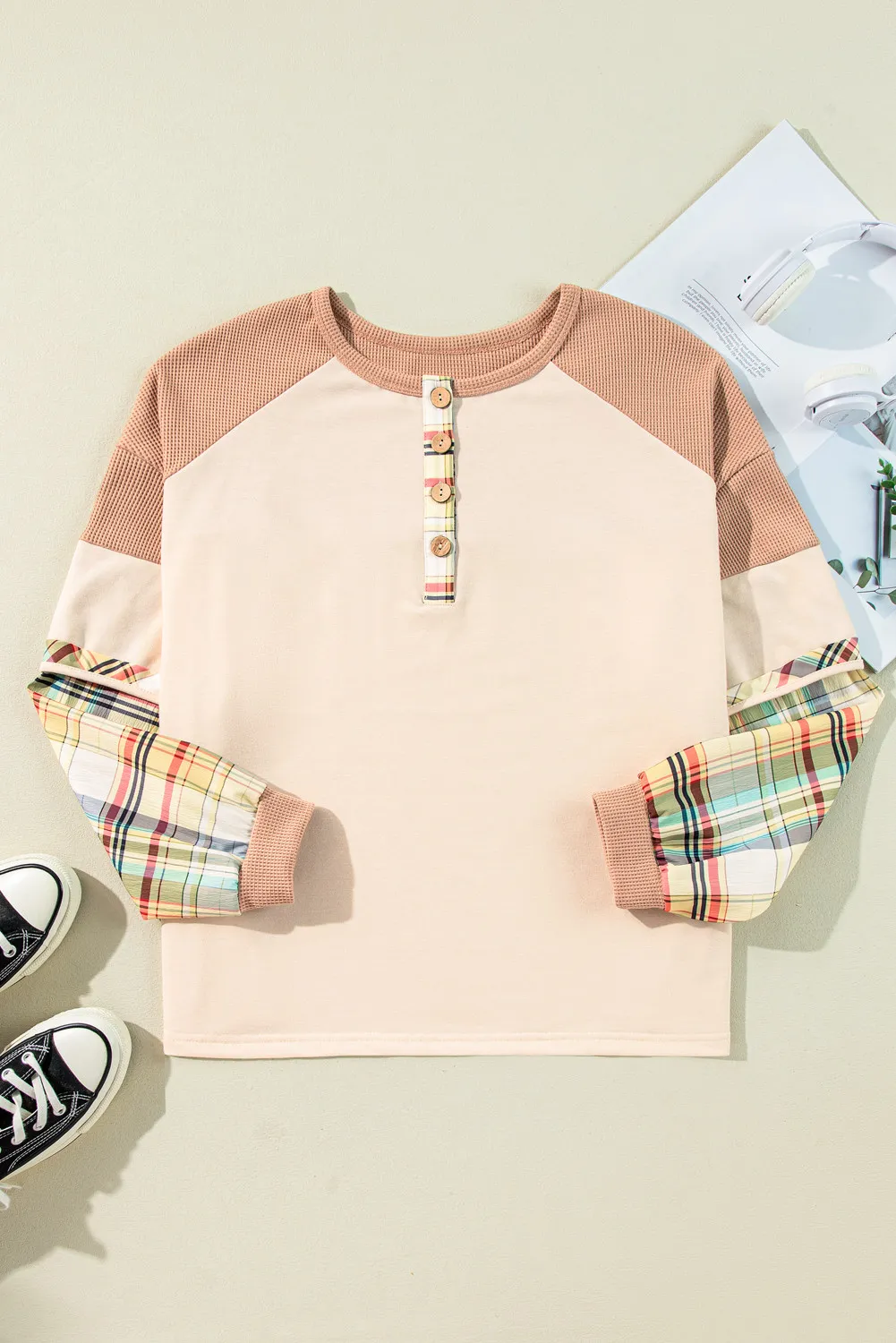 Plus Size Waffle-Knit Detail Plaid Round Neck Top, image 4