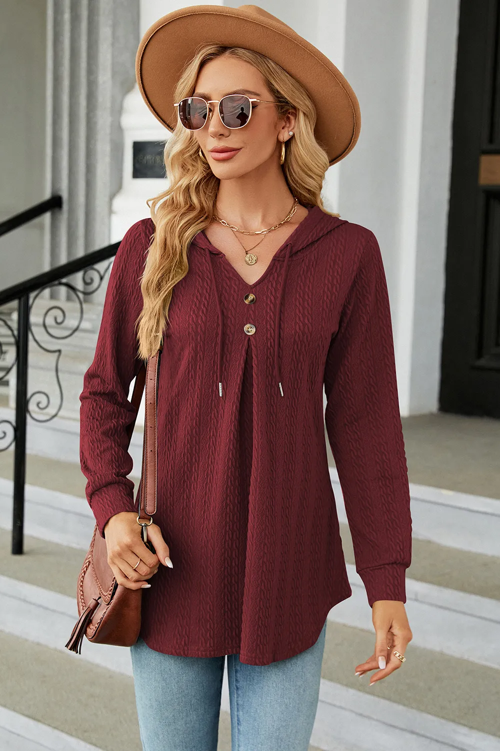 Decorative Button Drawstring Long Sleeve Hoodie, image 3