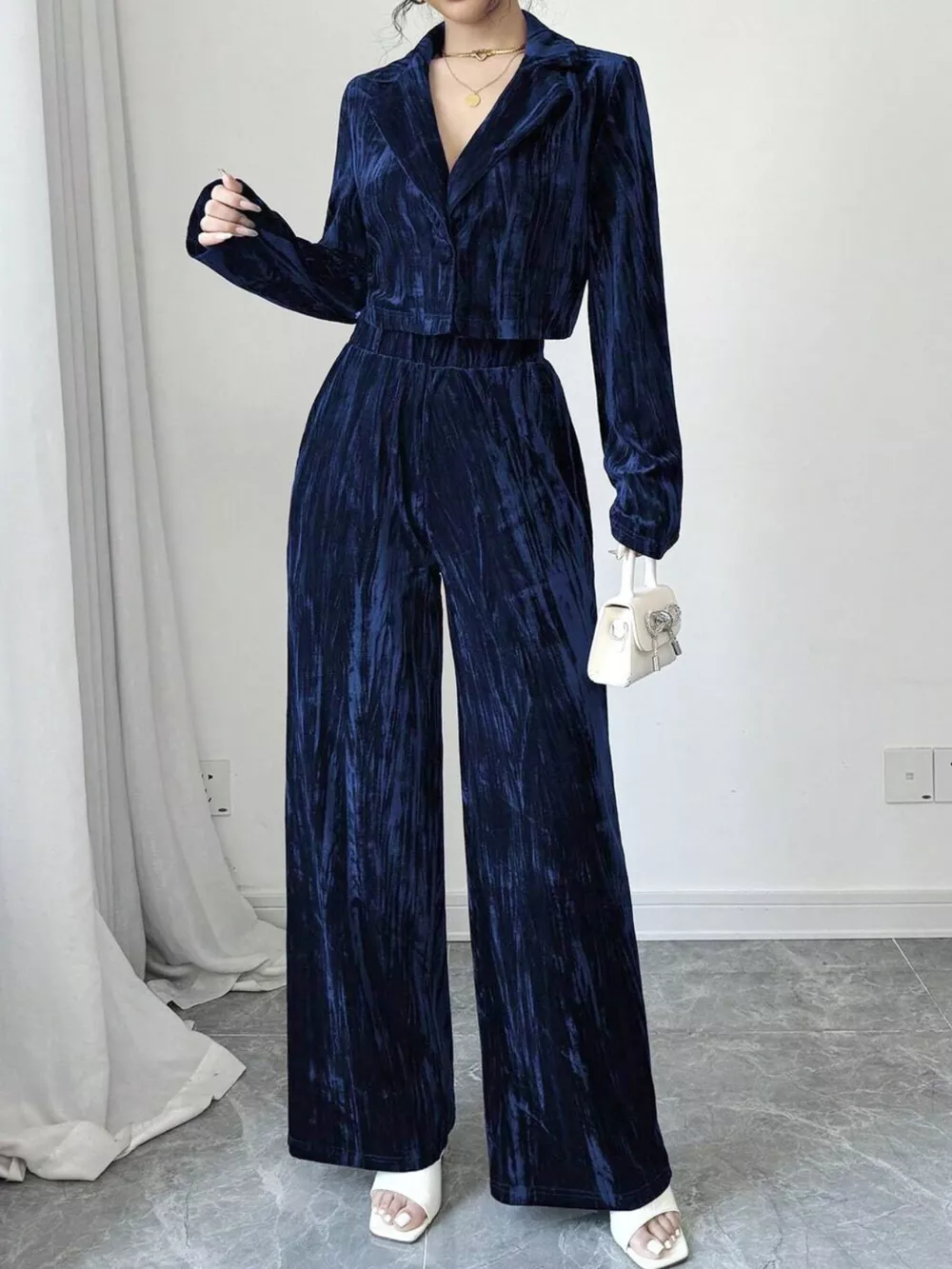 Pleated Velvet Blazer & Wide Leg Pants Set, image 3