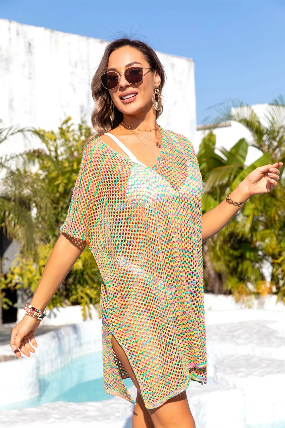 Slit Openwork V-Neck Short Sleeve Cover Up, image 4