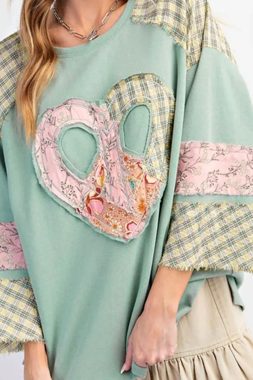 Heart Plaid Round Neck Long Sleeve Blouse, image 6