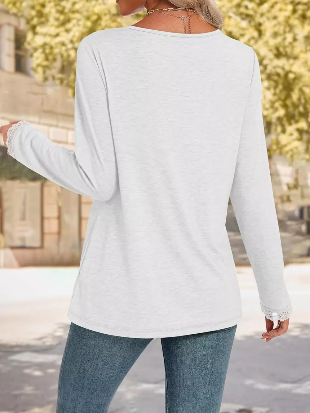 Lace Trim V-Neck Long Sleeve T-Shirt, image 9