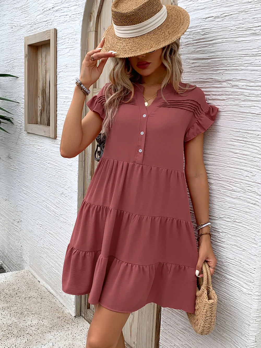 Tiered Notched Flounce Sleeve Mini Dress, image 5