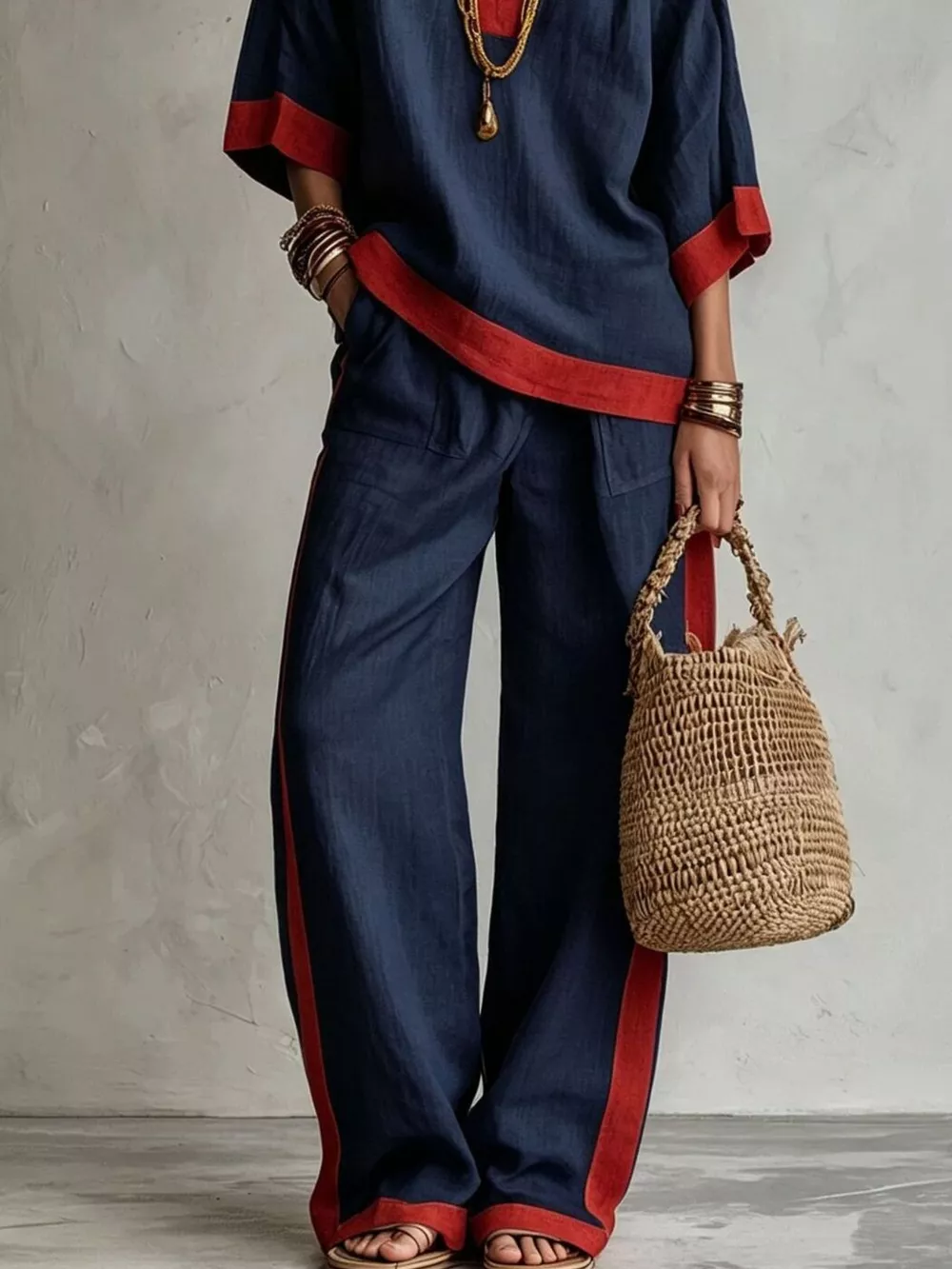 Full Size Contrast Trim Top and Wide Leg Pants Set Plus Size, image 12