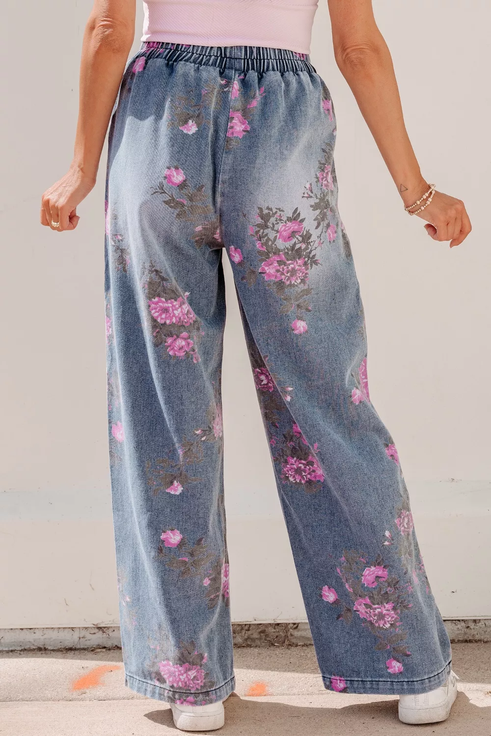 Floral Print Wide Leg Elastic Waist Jeans, image 2