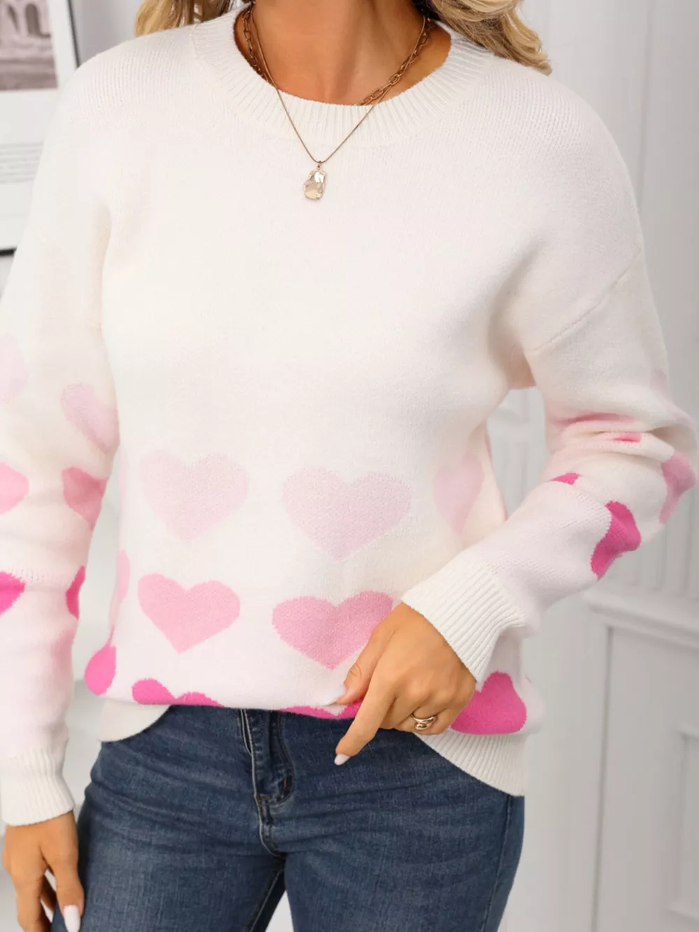 Valentine's Day Heart Pattern Crew Neck Sweater, image 6