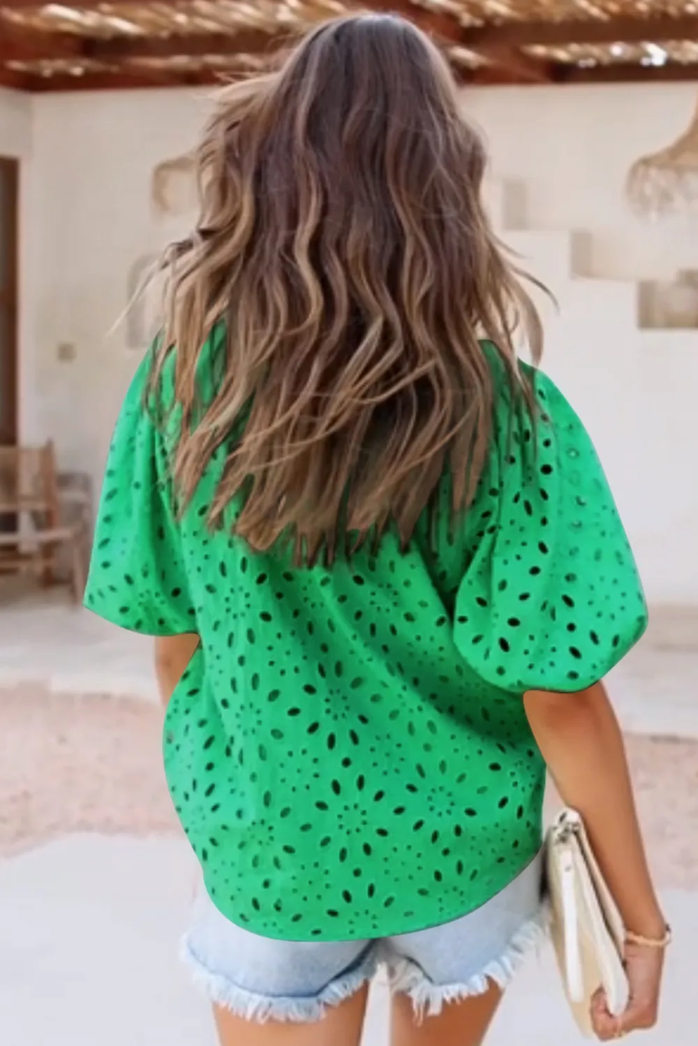 Eyelet Button Up Half Sleeve Blouse, image 10