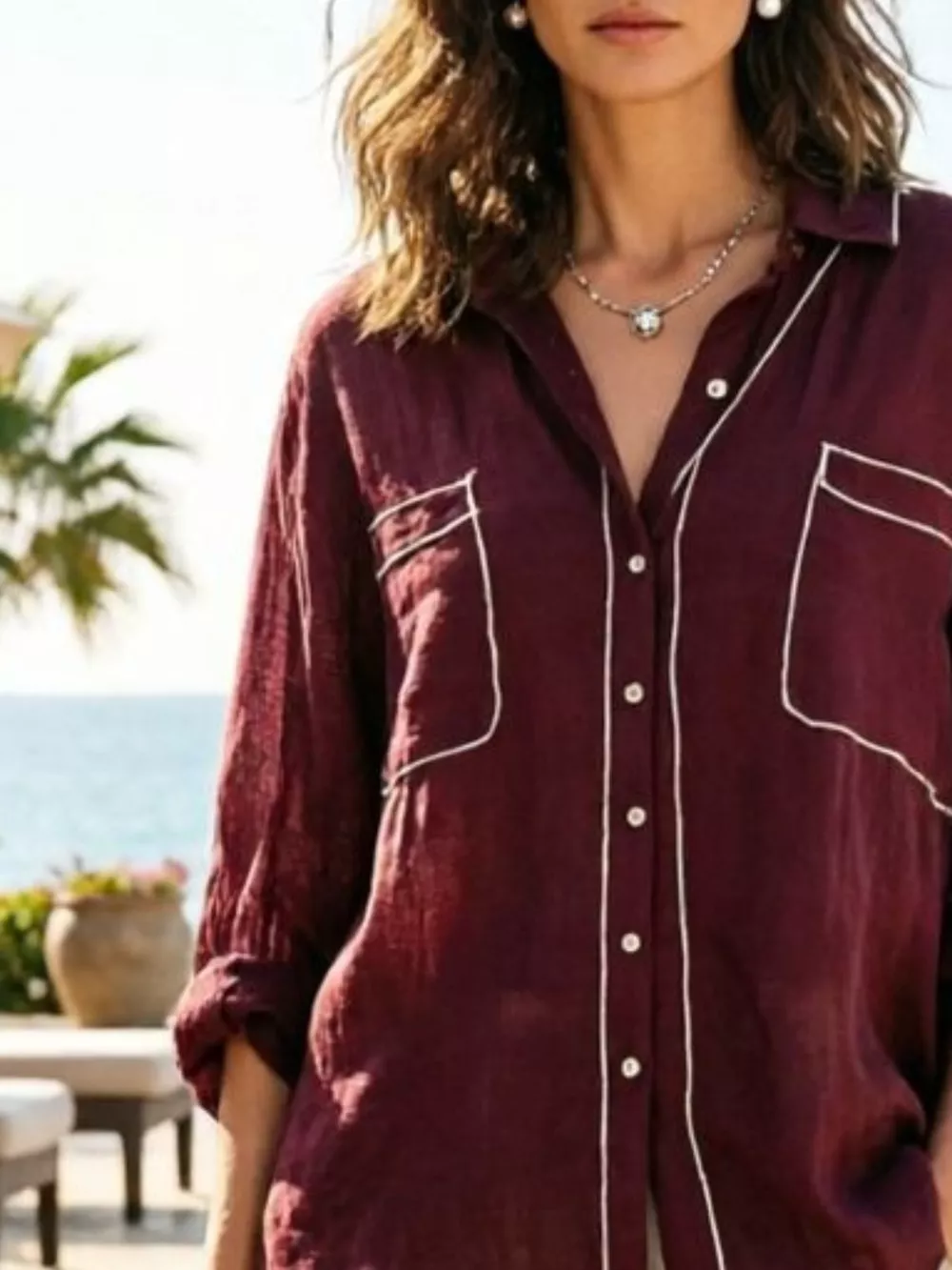 Contrast Trim Button Up Long Sleeve Shirt, image 11