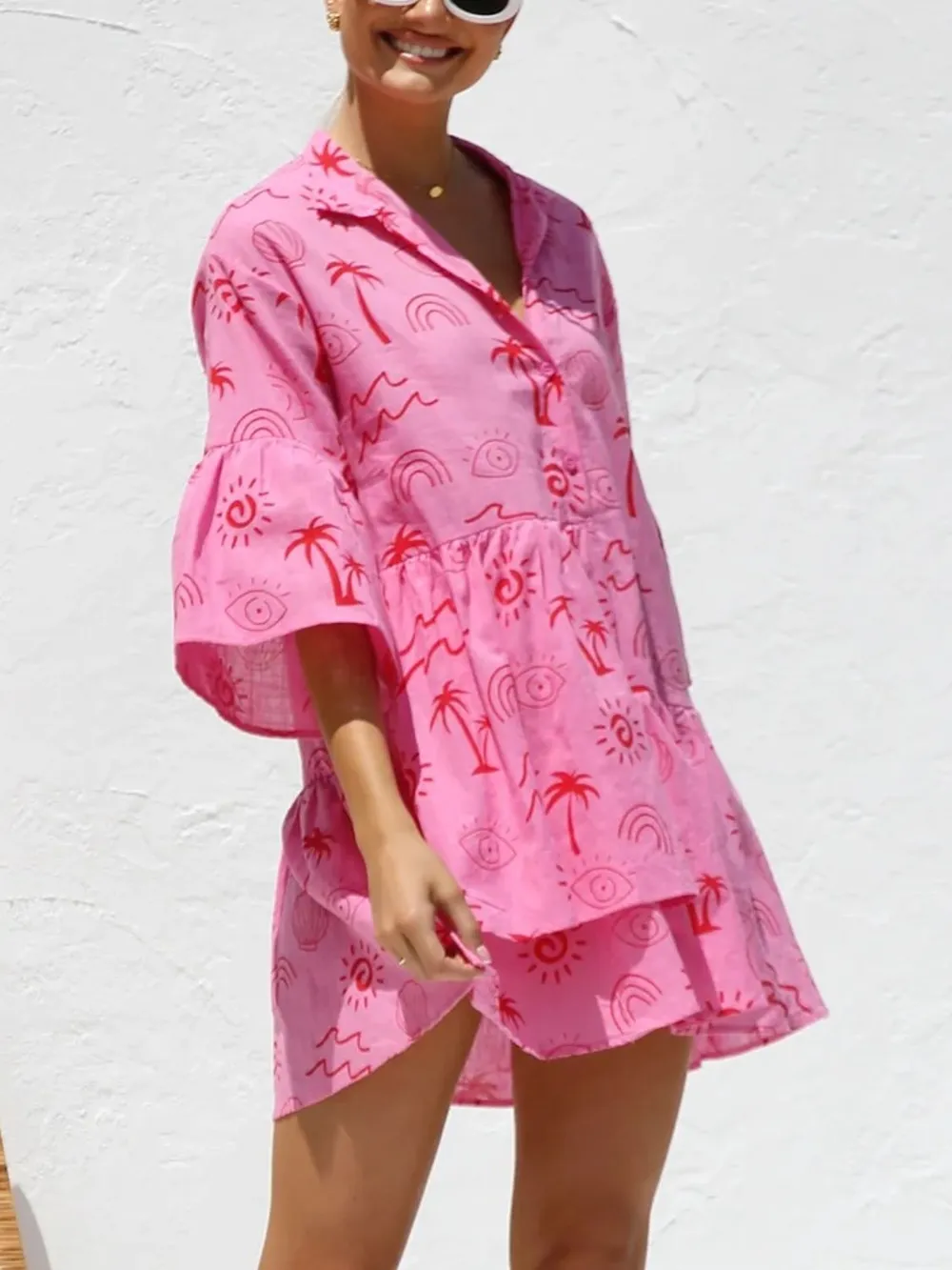 Button Detail Ruffled Hem Printed Mini Dress, image 4