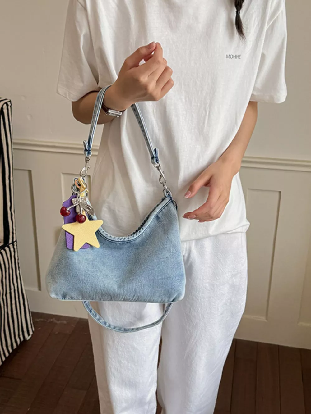 Star Charm Denim Shoulder Bag, image 5