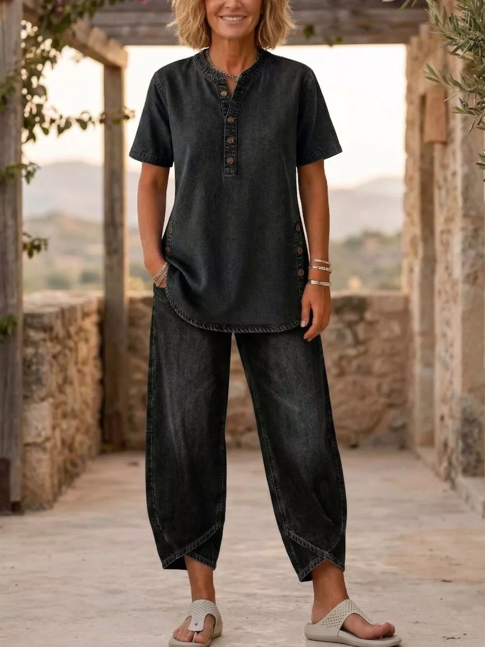 Full Size Casual Half-Button Top and Cropped Pants Denim Set Plus Size, image 9