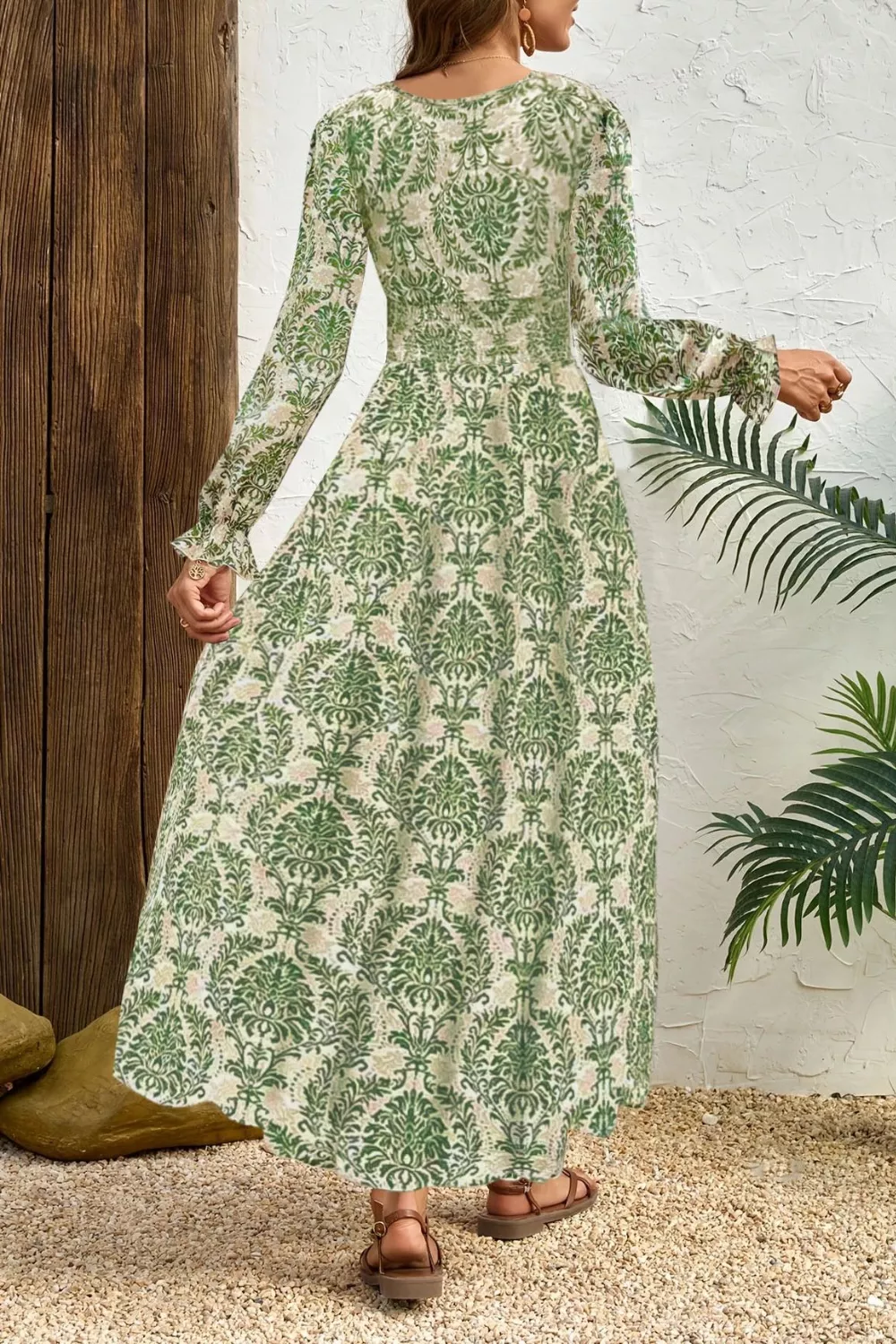 Printed V-Neck Long Sleeve Maxi Dress, image 5