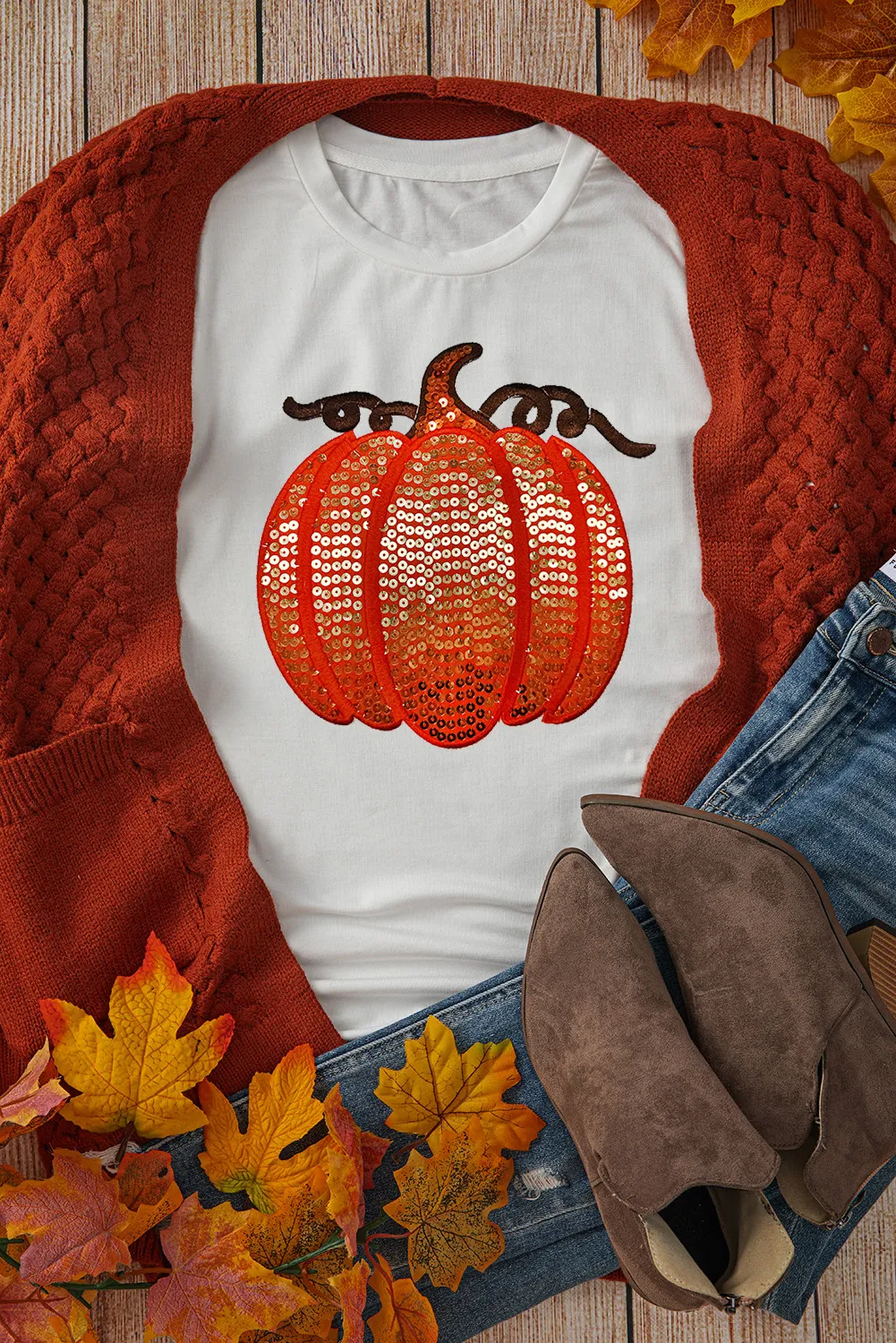 Full Size Sequin Pumpkin Round Neck Short Sleeve T-Shirt, image 5