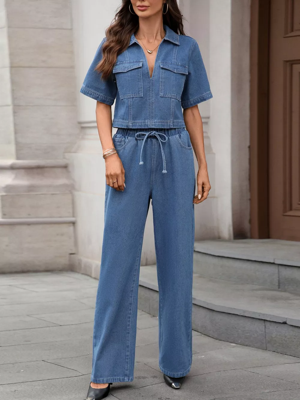 Short Sleeve Top and Drawstring Pants Denim Set, image 4