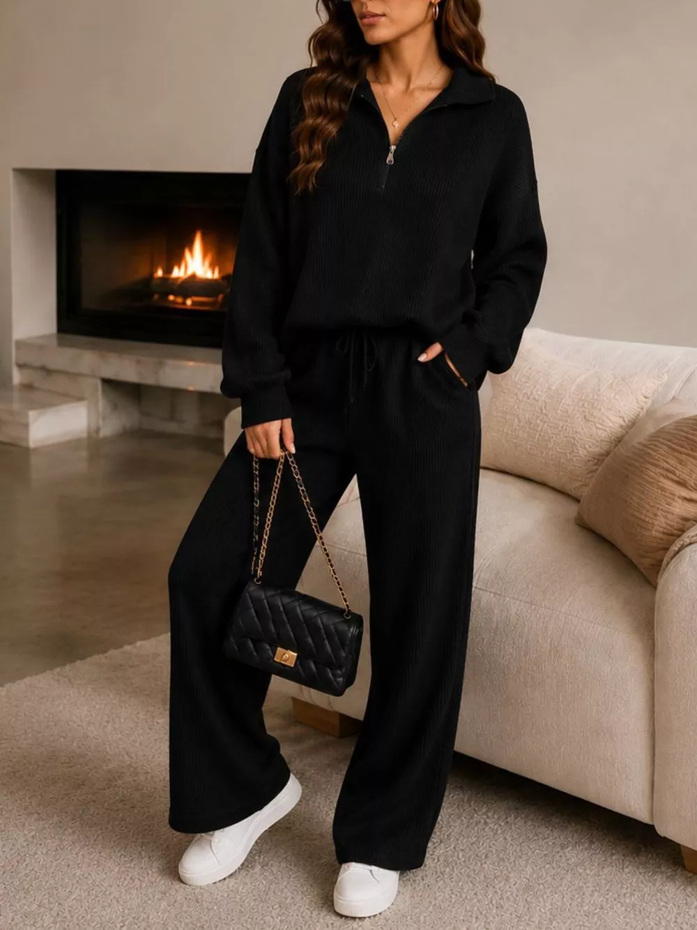 Ribbed Knit Quarter-Zip Top and Wide-Leg Pants Set, image 11