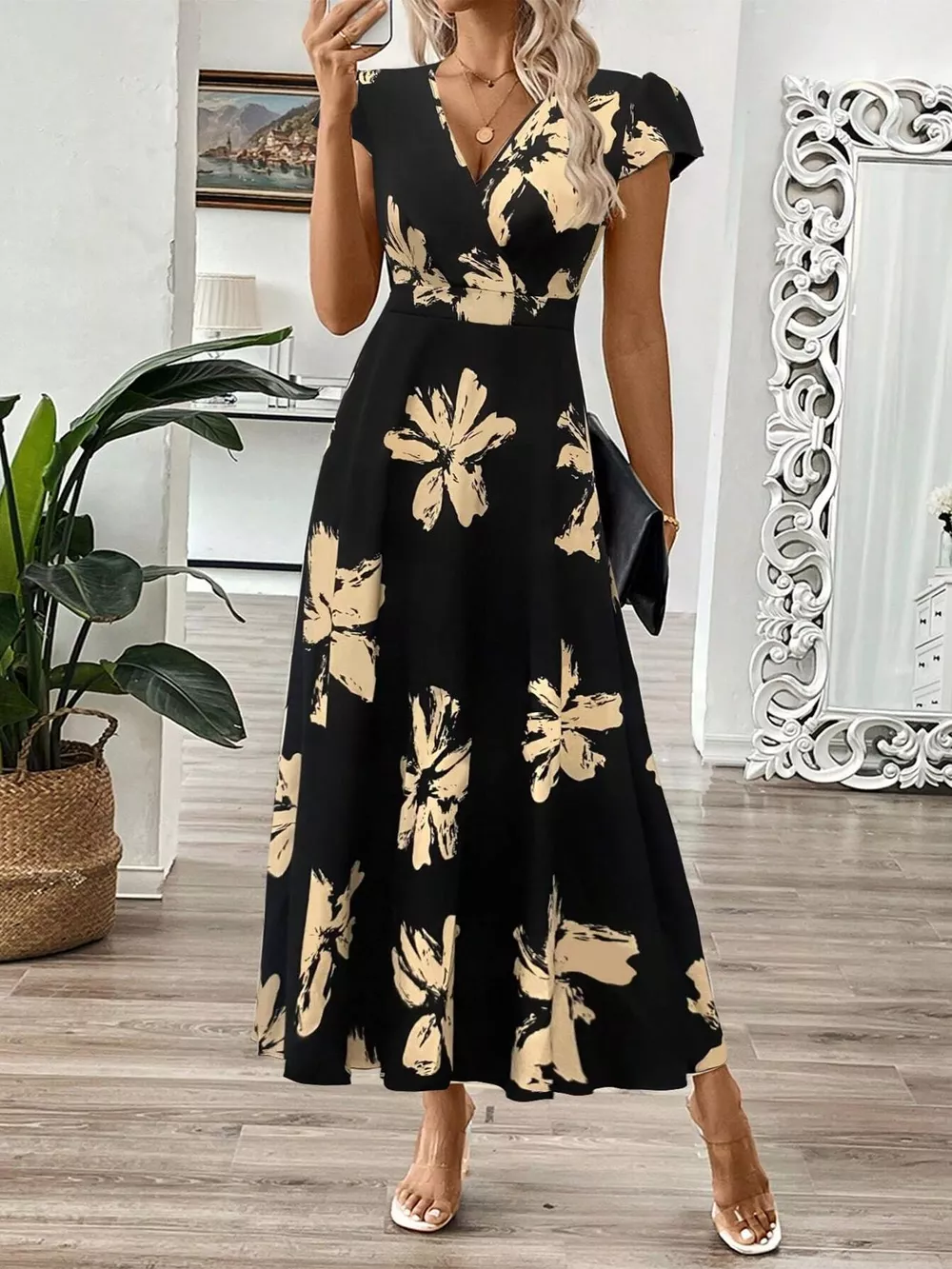 Surplice Cap Sleeve Midi Dress, image 4