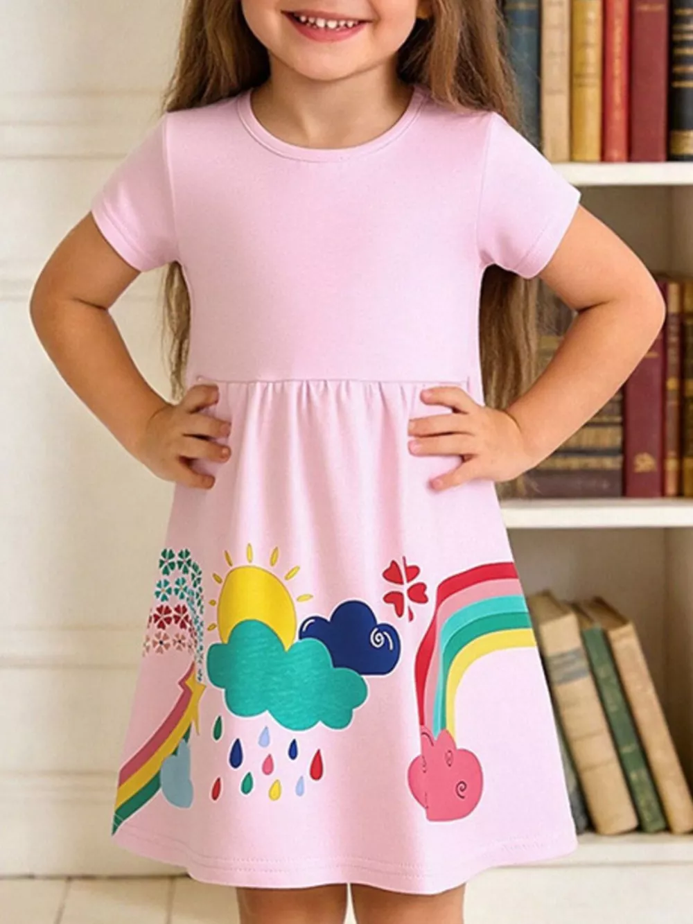Children's Rainbow Print Short Sleeve Casual Dress