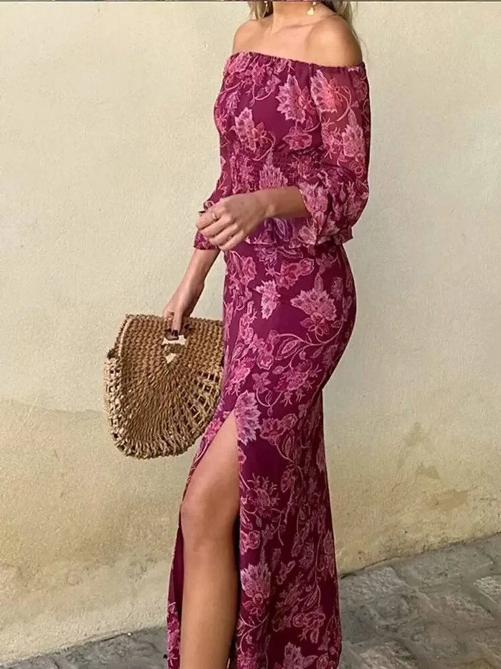 Printed Flounce Sleeve Top and Slit Skirt Set, image 5