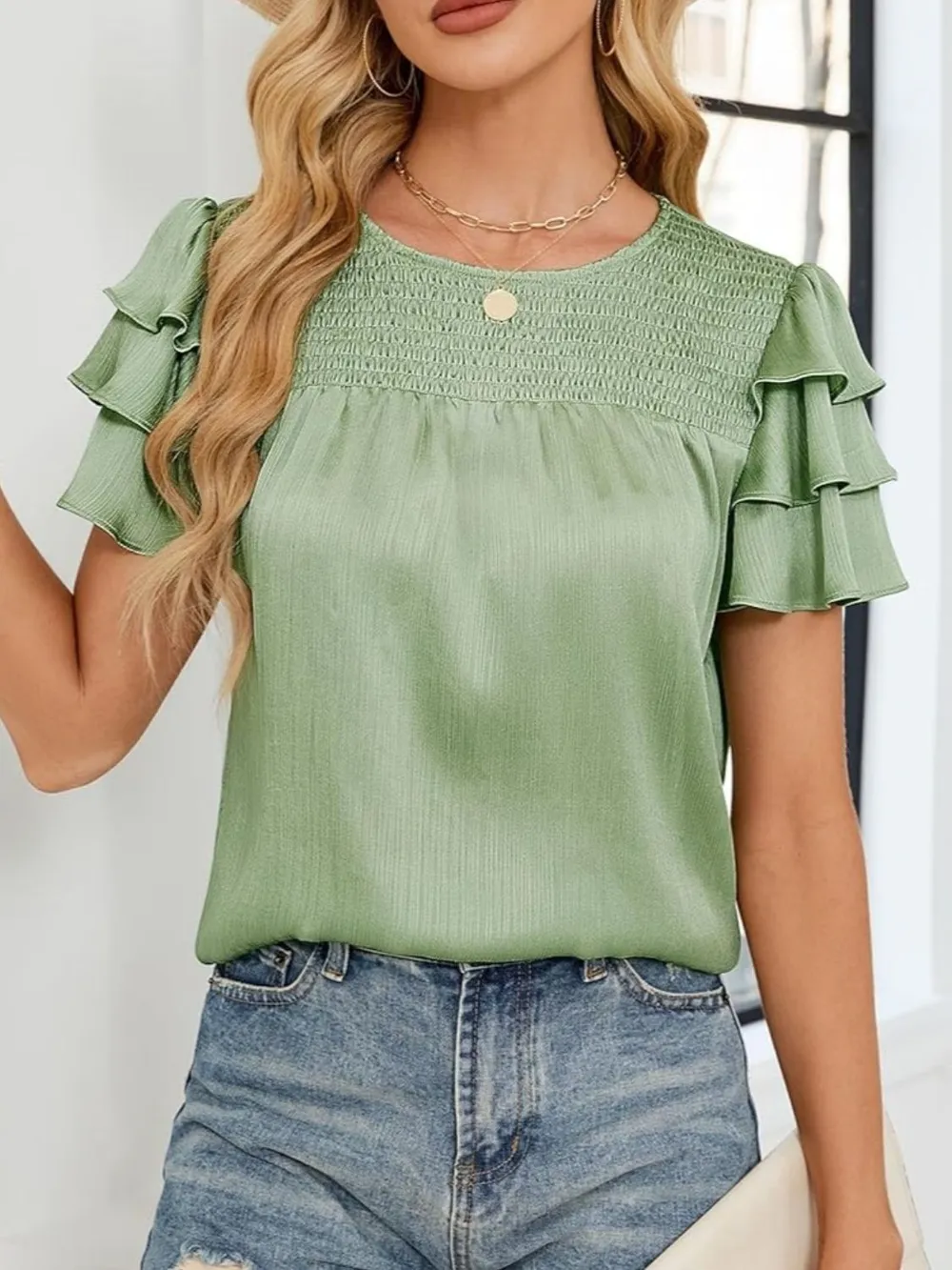 Smocked Round Neck Ruffled Layered Sleeve Blouse, image 10