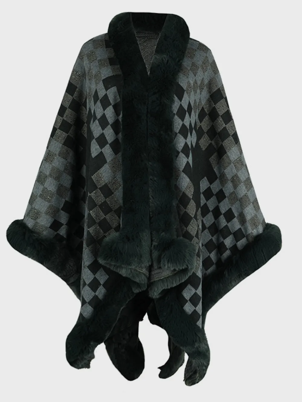 Fuzzy Checkered Long Sleeve Poncho, image 14