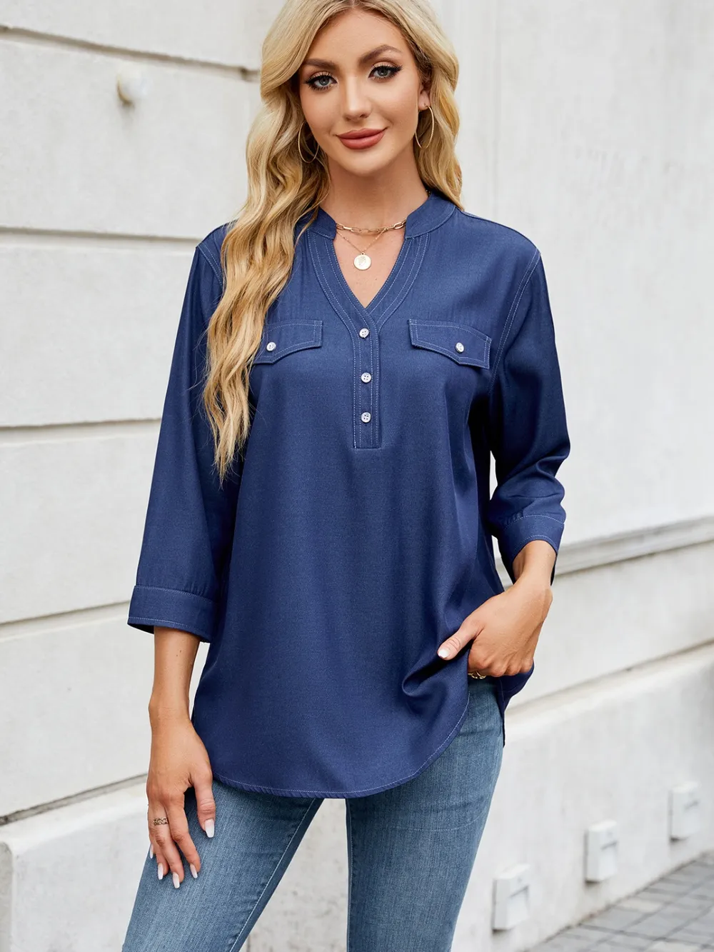 Notched Three-Quarter Sleeve Denim Top, image 7