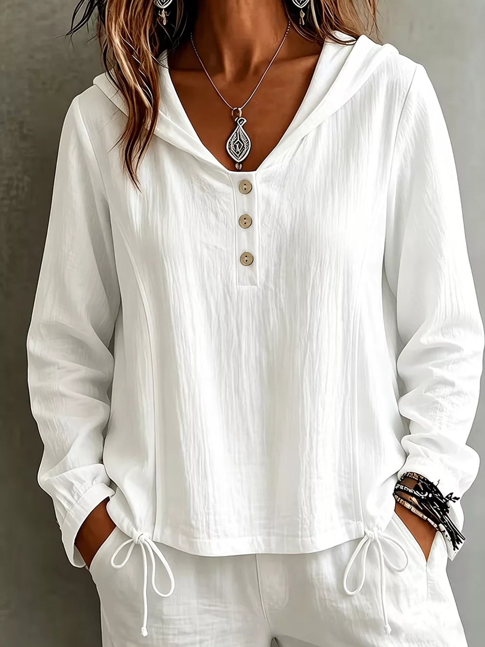 Button Detail Long Sleeve Hooded Blouse