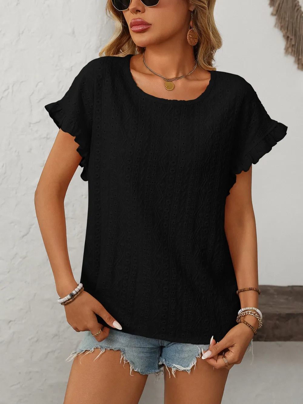 Eyelet Round Neck Short Sleeve Top